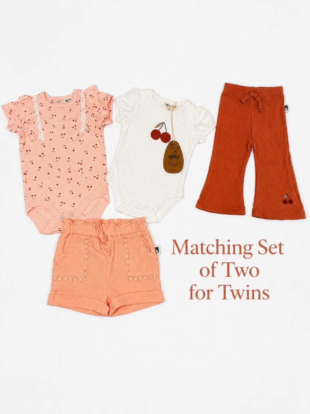 NWT Rabbit + Bear, Twin Girls' Matching Set with Cherry Onesies, Shorts, Pants